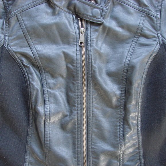 Black Faux Leather Moto Jacket Zippers Ribbed Size Small - Picture 5 of 12